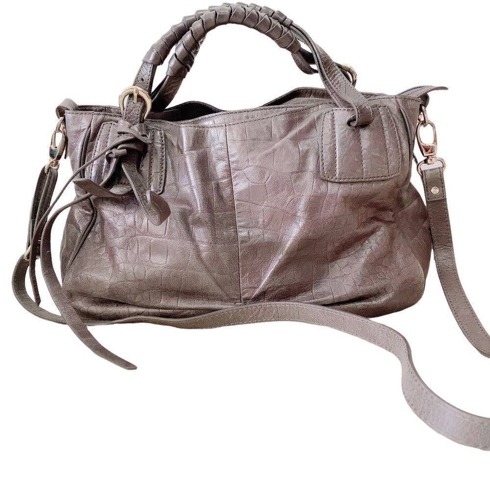 Luana Embossed Calf Leather Bag, Charcoal Grey